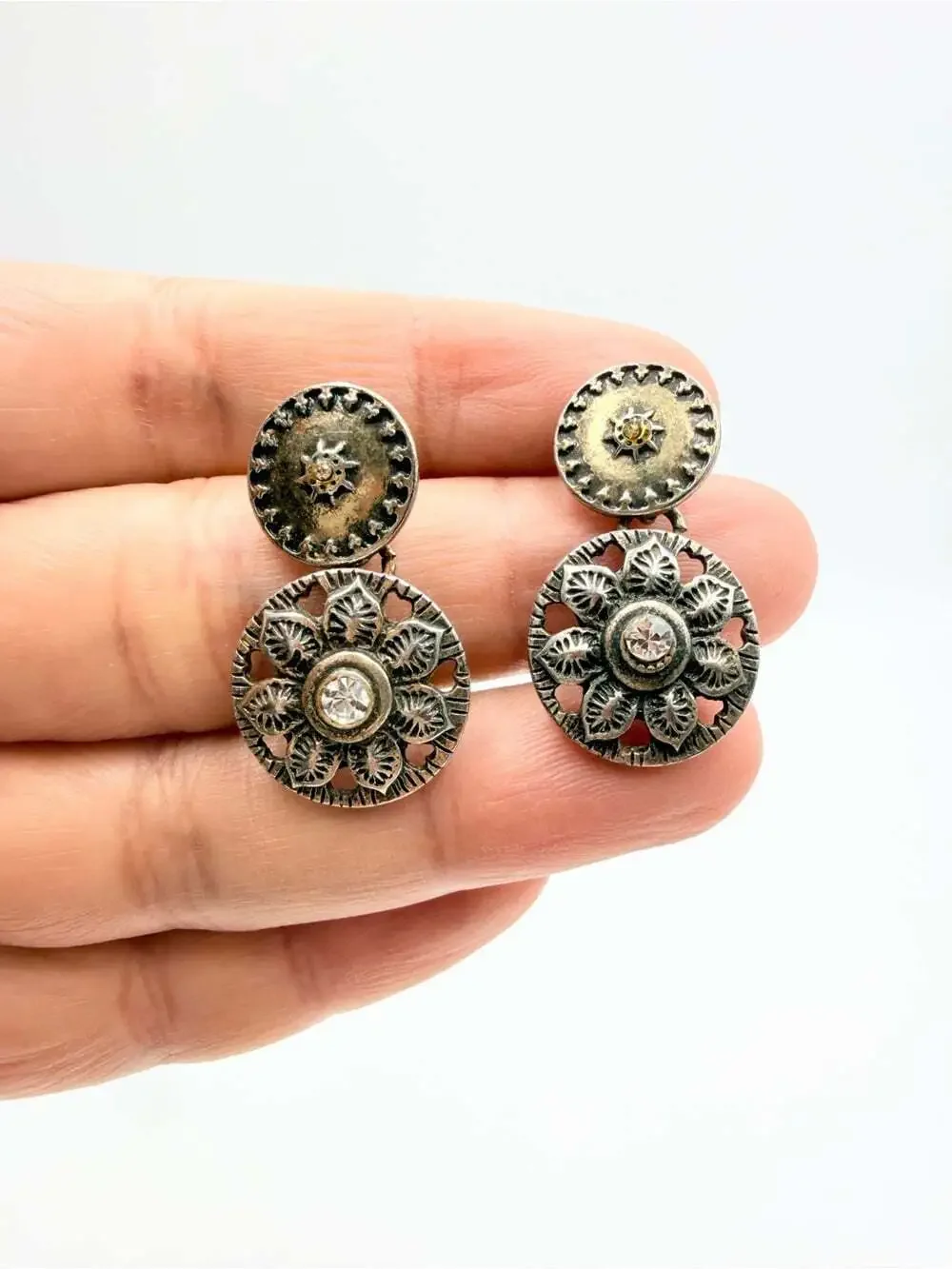 Vintage  Silver Tone Floral Rhinestone Drop Earrings